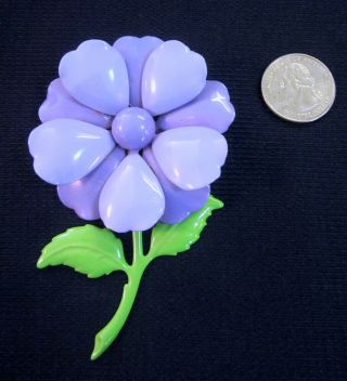 Large Vintage Enamel Metal Flower Brooch,  Pin - 70s,  Lavender,  Unsigned