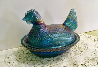 Vintage Blue Iridescent Carnival Glass Chicken Hen On Nest Dish Bowl