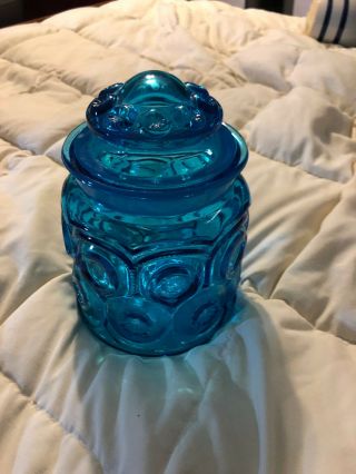 Vintage Aqua Blue Fostoria Daisy & Button Round Glass Jar Bowl & Lid