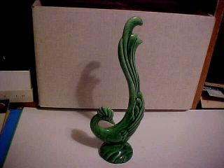 Vintage 12 Inch Tall Green Bird Pottery Figurine Unmarked Mid - Century