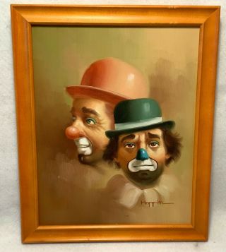 Vintage Framed & Signed Hoppin Vibrant Oil On Canvas Clown Painting