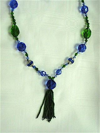 Vintage Art Deco Flapper Czech Cobalt Blue & Deep Green Bead Necklace - Tassel