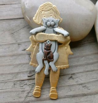 Vntg Signed Jj Silver And Gold Tone Little Girl Hugging Cats Enamel Brooch Pin