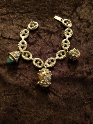 Vintage.  800 Silver Chunky Jeweled Etruscan Revival Fob Charm Bracelet