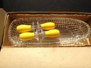 Vintage Boxed Pair Frank Thrower Ft149 Lovely Glass Sweetcorn Dishes & 4 Forks