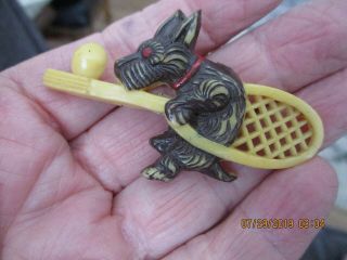 Vintage Plastic Celluloid? Scottie/terrier Dog On Tennis Racket With Ball Pin