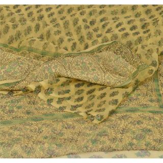 Sanskriti Vintage Lemon Saree Pure Chiffon Silk Printed Sari Craft Decor Fabric 2