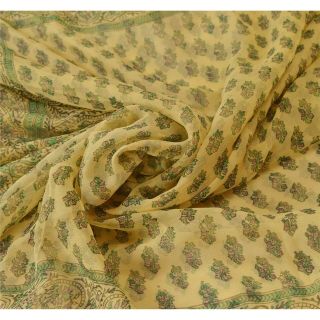 Sanskriti Vintage Lemon Saree Pure Chiffon Silk Printed Sari Craft Decor Fabric 4