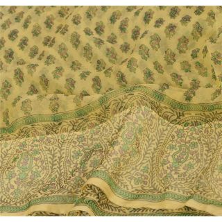 Sanskriti Vintage Lemon Saree Pure Chiffon Silk Printed Sari Craft Decor Fabric 5
