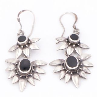 Vtg Sterling Silver - Mexico Braided Onyx Flower Dangle Earrings - 7g