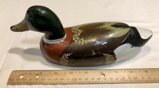 Vintage Hand Painted Carved Wood Mallard Duck Decoy Glass Eyes