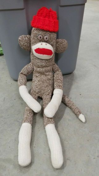 Vtg Handmade Sock Monkey Button Eyes Red Hat Knit/crocheted (cc1796)