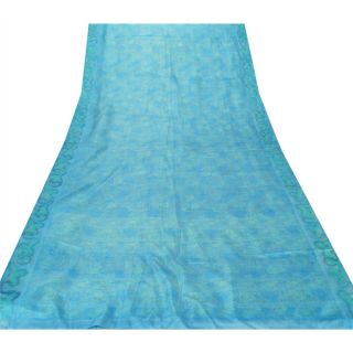 Sanskriti Vintage Blue Saree 100 Pure Silk Printed Sari Craft 5 Yard Fabric 3