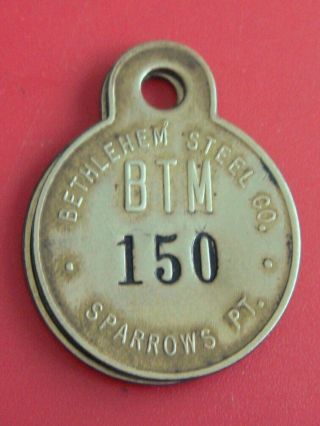Vintage Tool Check Brass Tag: Bethlehem Steel Sparrows Point Md; Factory Tag