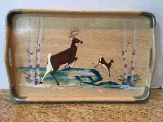 Vintage Wooden Wood Hand Painted Deer Birch Trees Serving Tray W/handles