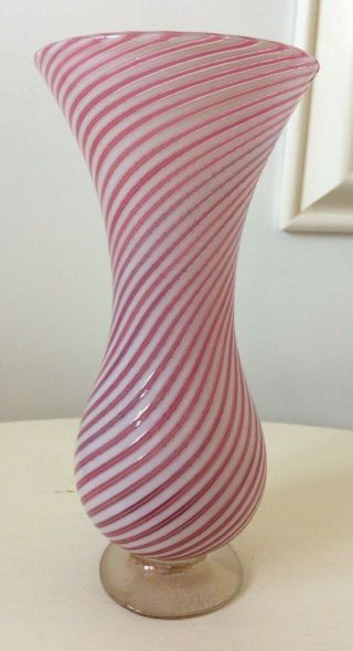 Vintage Murano Glass Vase Swirl Pink Stripes With Gold Base 19 Cms Stunning