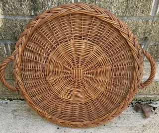 Vtg 12 " Round Woven Rattan Wicker Serving Basket / Tray With Handles Farmhouse