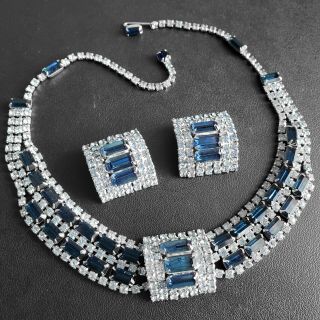 High End Vintage Sapphire Glass Topaz Rhinestone Necklace & Earrings Set S113