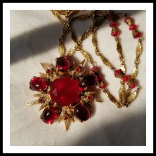 Vtg 50s 60s Red Gripoix Glass Rhinestone Ornate Maltese Cross Necklace Florenza?