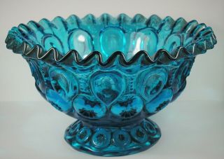 Vintage L.  E.  Smith Blue Moon And Stars Ruffled Rim Footed Bowl.  7 1/2 "