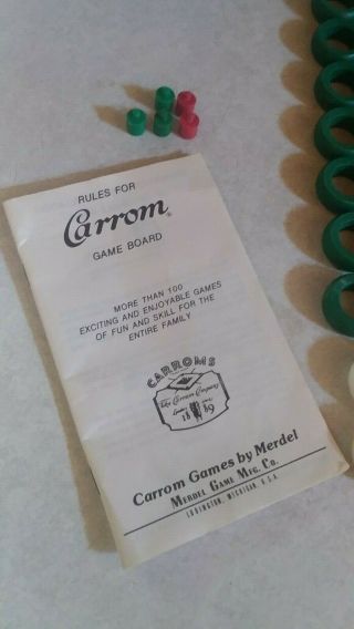 Vtg Carrom Board Game The Carrom Company 64pcs Black Red Green White Book Rings 4