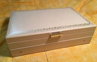 Vintage Ivory/beige Jewelry Box Blue Velvet & Satin Lined Faux Leather