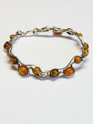 Vintage 925 Sterling Silver Amber Modernist Design Link Bracelet 7.  25 "