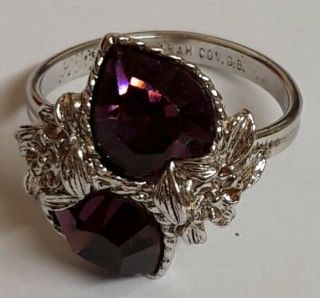 Vintage 1970s Sarah Coventry Purple Rhinestone Love Story Ring,  Signed