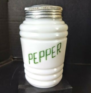 Large Vintage Pepper Shaker White Milk Glass With Green Letters Canister