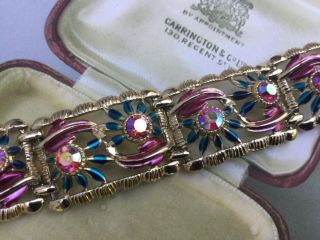 Vintage Signed Jewelcraft Panel Bracelet 1950’s Aurora Borealis Crystal Flowers