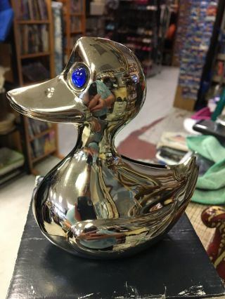 Vtg Metal Coin Bank Duck - Hong Kong With Key - Cobalt Blue Glass Eyes - Silver Plated