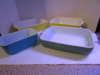 4 Vintage Pyrex Baking Dishes 2 503 Yellow & 607 Green Casserole/ 502 Blue Loaf