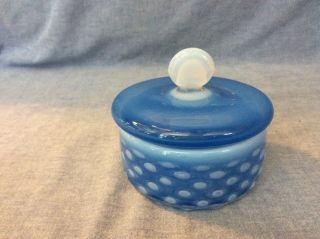 Vintage Czechoslovakian Opalescent Blue Hobnail Powder Jar With Lid