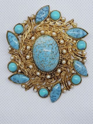 Vintage Hattie Carnegie Pin/brooch With Gold Tone And Faux Turquoise And Pearls
