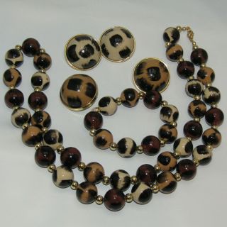 Vintage 80 ' s Necklace Bracelet Earrings SET Animal Print Leopard Spots RETRO 5