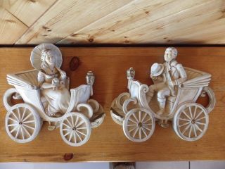 Vintage Wall Plaques Of A Victorian Man & Woman In Carriages 50,  Years Old
