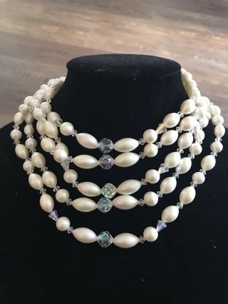 Vintage Faux Pearl & Glass Crystal Beaded 5 Strand Choker Statement Necklace