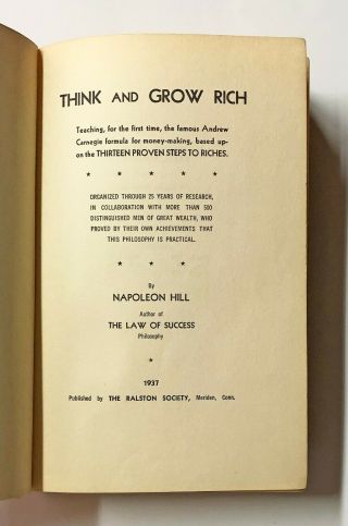 Napoleon Hill THINK AND GROW RICH Ralston Society 1937 THIRD PRINTING 4