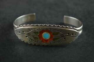 Vintage Sterling Silver Wide Cuff Bracelet W Colorful Floral Design Inlay - 34g