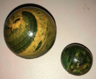 (2) Vintage Ball Toys Bouncing Large 1 3/4 " & 1 " Sizes Green/yellow Swirls