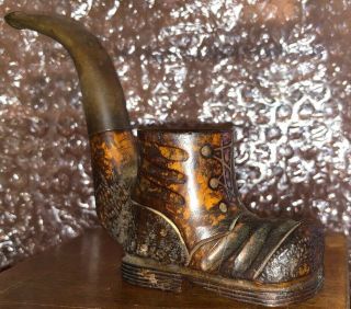 Vintage Tobacco Smoking Pipe Hand Carved Boot Briar Wood,  Italy.