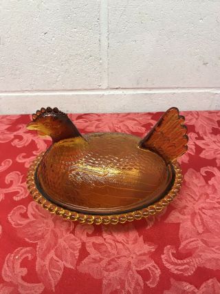 Vintage Amber Glass Chicken Hen On Nest Covered Candy Dish 7 "