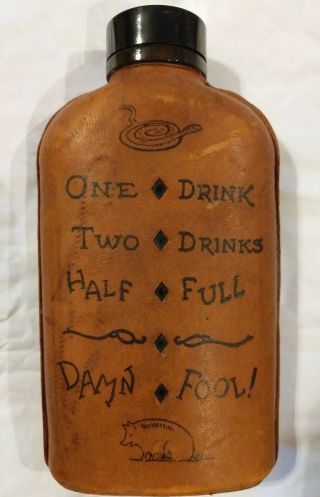 Vintage Leather & Glass Flask - One Drink - Two Drink - Half Full - Damn Fool Cutout