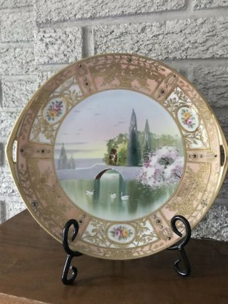 Vintage Nippon Hand - Painted Moriage Cake Plate Gold Trim,  2 - Handles