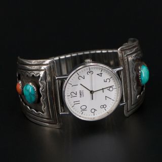 Vtg Sterling Silver Navajo Turquoise Coral Stone 7 " Stretch Watch Bracelet - 62g