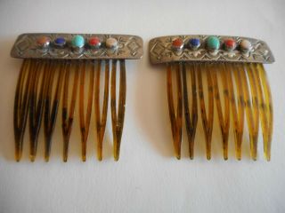 2 Vintage Agnes Platero Signed Navajo Sterling Silver & Multi - Stone Hair Combs