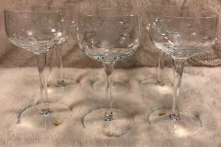 Set Of 6 Vintage Etched Crystal Wine Champagne Glasses Geometric Roses Hungary