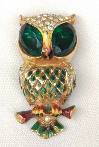 Vintage Sterling Coro Craft Sterling Enamel Rhinestone Owl Fur Clip Pin Brooch