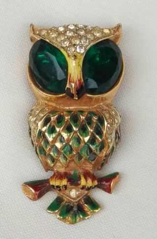 Vintage Sterling Coro Craft Sterling Enamel Rhinestone Owl Fur Clip Pin Brooch 2