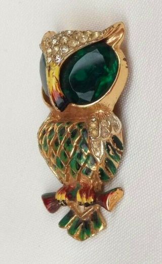 Vintage Sterling Coro Craft Sterling Enamel Rhinestone Owl Fur Clip Pin Brooch 3